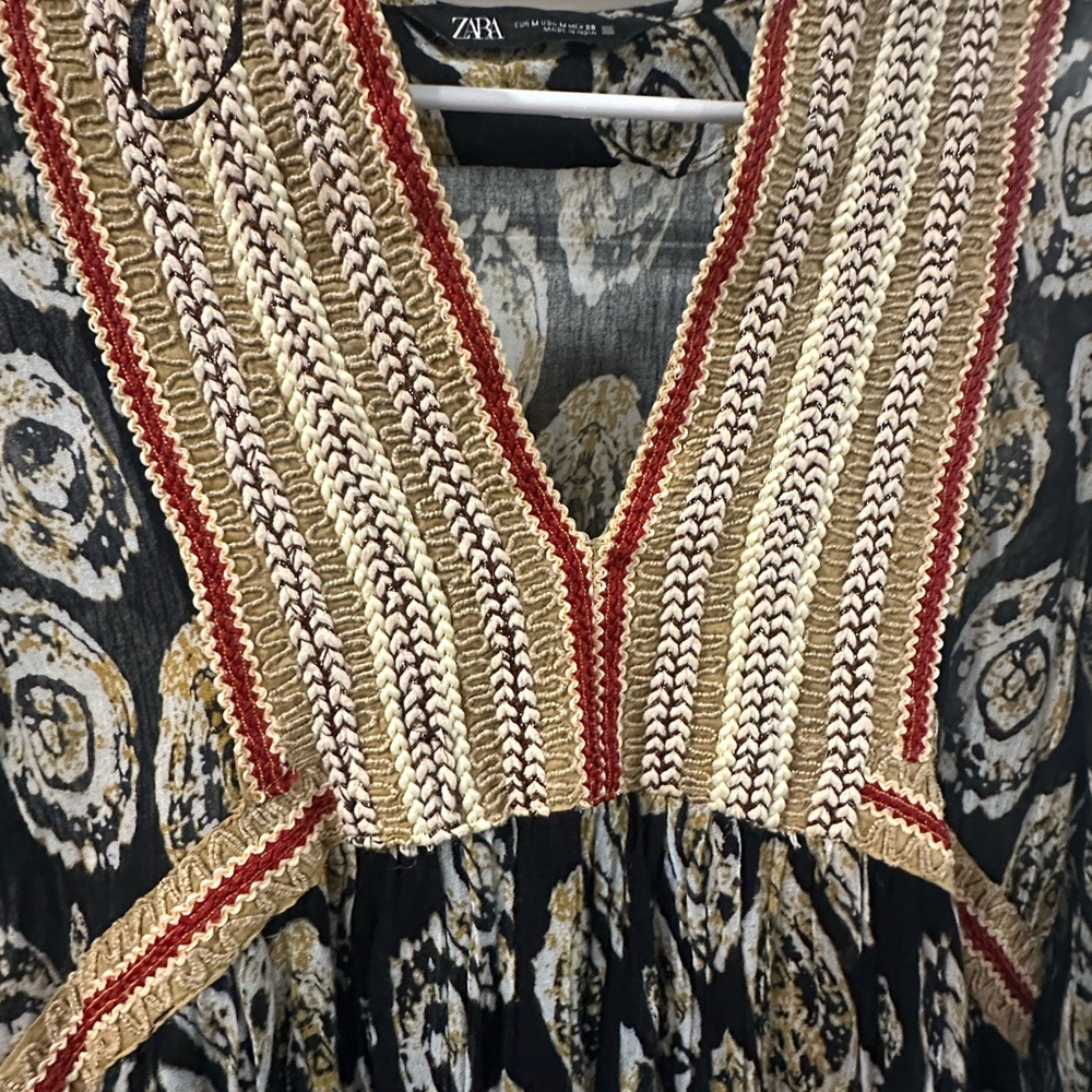 Zara Black Dress with Cream, Gold, and Red Trim
